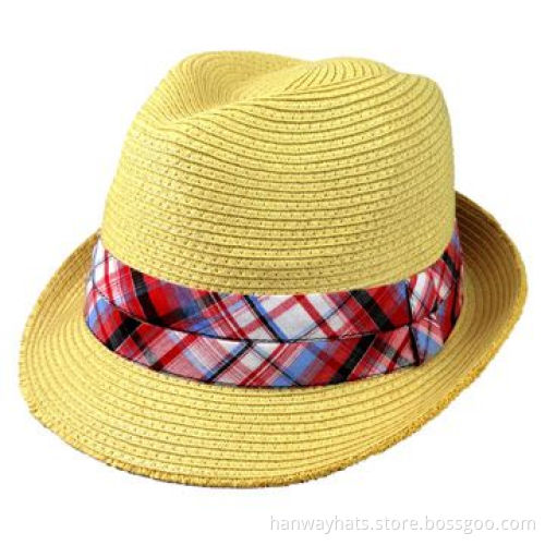 Men's paper straw fedora hat with printed pleated band